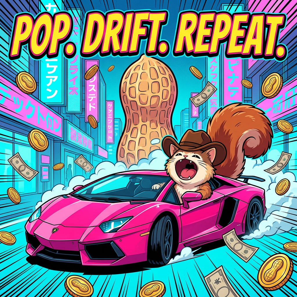 POPNUT drifting a pink Lamborghini through a neon city with peanut coins
