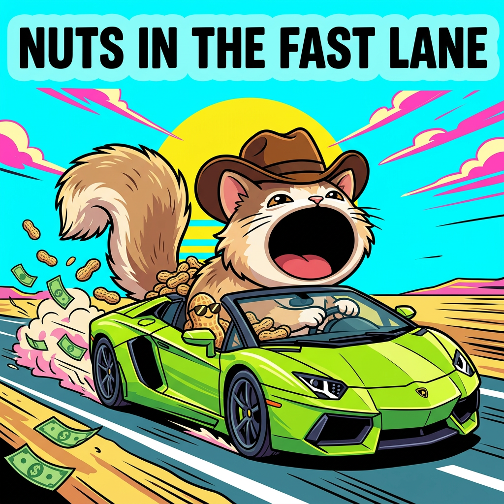 POPNUT cowboy cat with a squirrel tail driving a green Lamborghini with flying cash