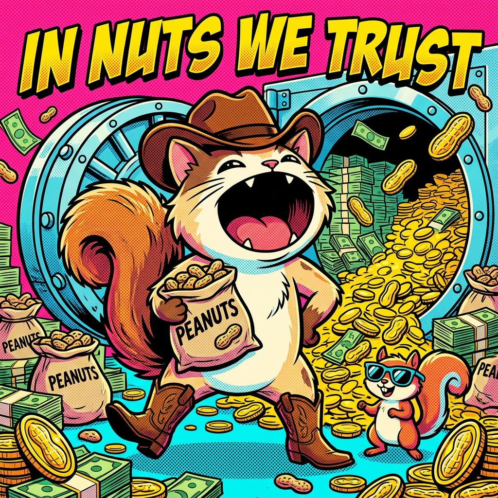 Retro comic POPNUT and squirrel sidekick in a vault of cash and peanuts